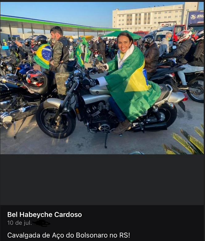 Conselheira do Cremers responsável pelas câmaras técnicas, Isabel Habeyche participa de motociata em apoio a Bolsonaro. Reprodução: Isabel Habeyche/Facebook.
